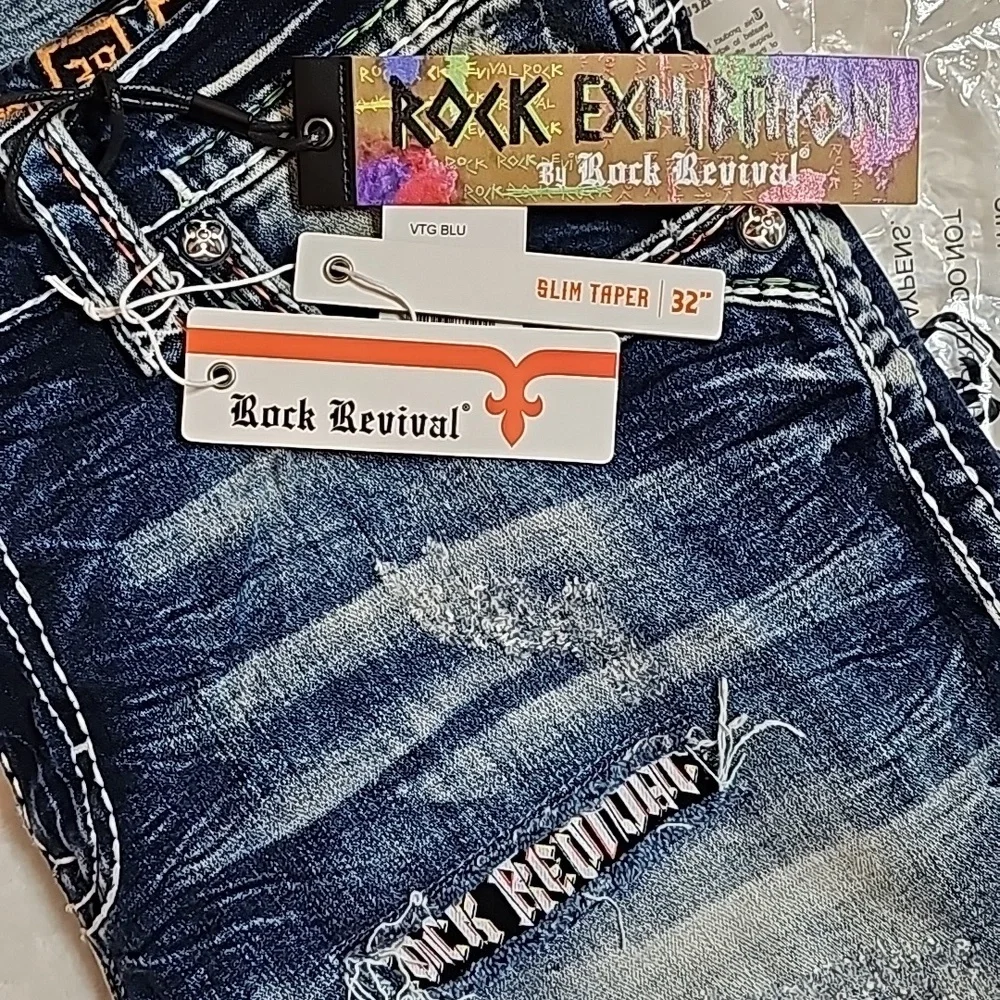 🆕️Rock Exhibition by Rock Revival LE Ruth Distressed Slim Taper Jeans. 40x32 - Picture 6 of 12